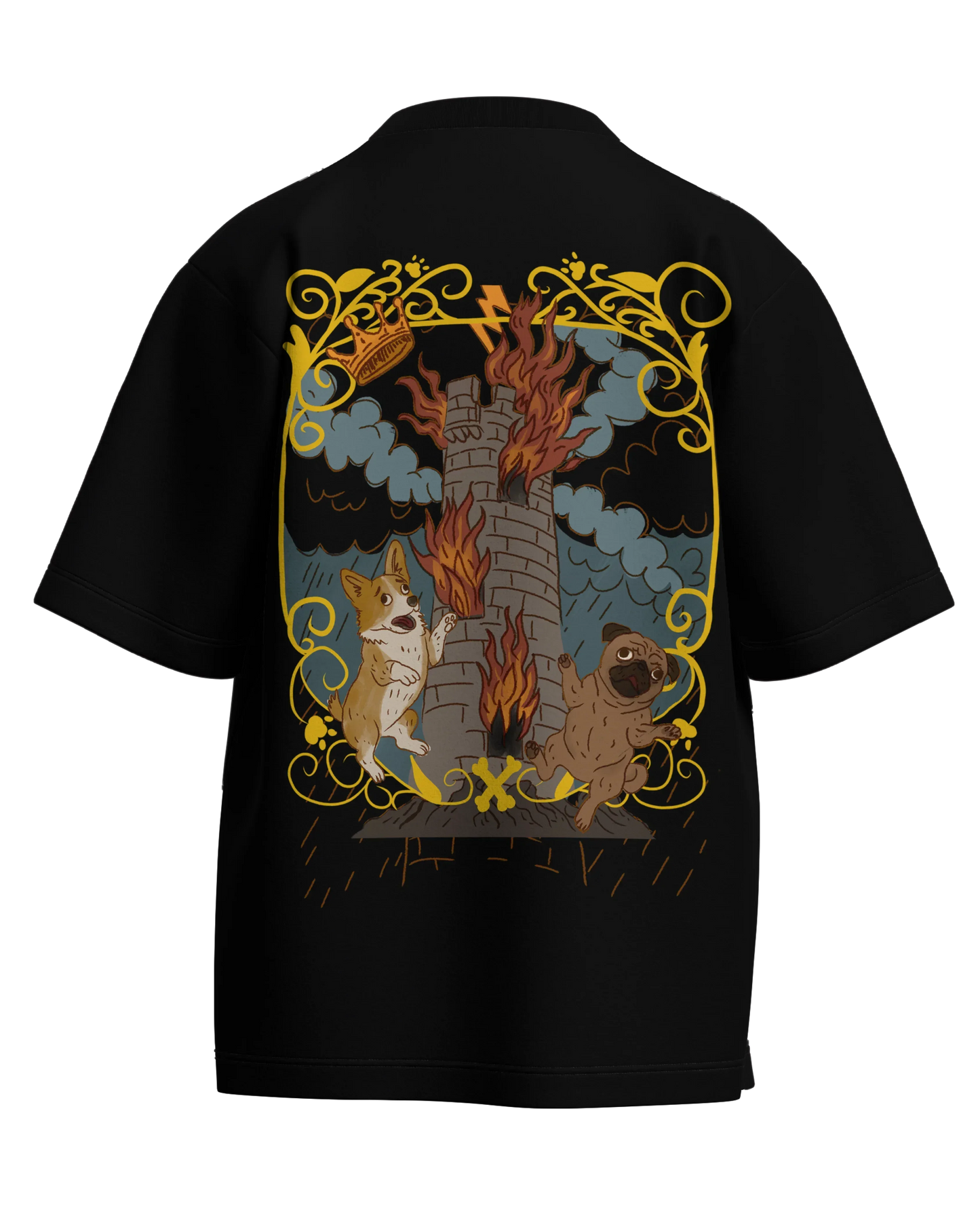 The Tower of Dogs Black Oversized French Terry Cotton Premium Streetwear T-shirt Loom of Thirds India's No. 1 Art-led streetwear brand based in Kolkata by Sidhartha Mohanta & Chirayata Purna Chakrabarty