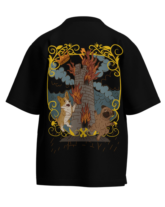 The Tower of Dogs Black Oversized French Terry Cotton Premium Streetwear T-shirt Loom of Thirds India's No. 1 Art-led streetwear brand based in Kolkata by Sidhartha Mohanta & Chirayata Purna Chakrabarty