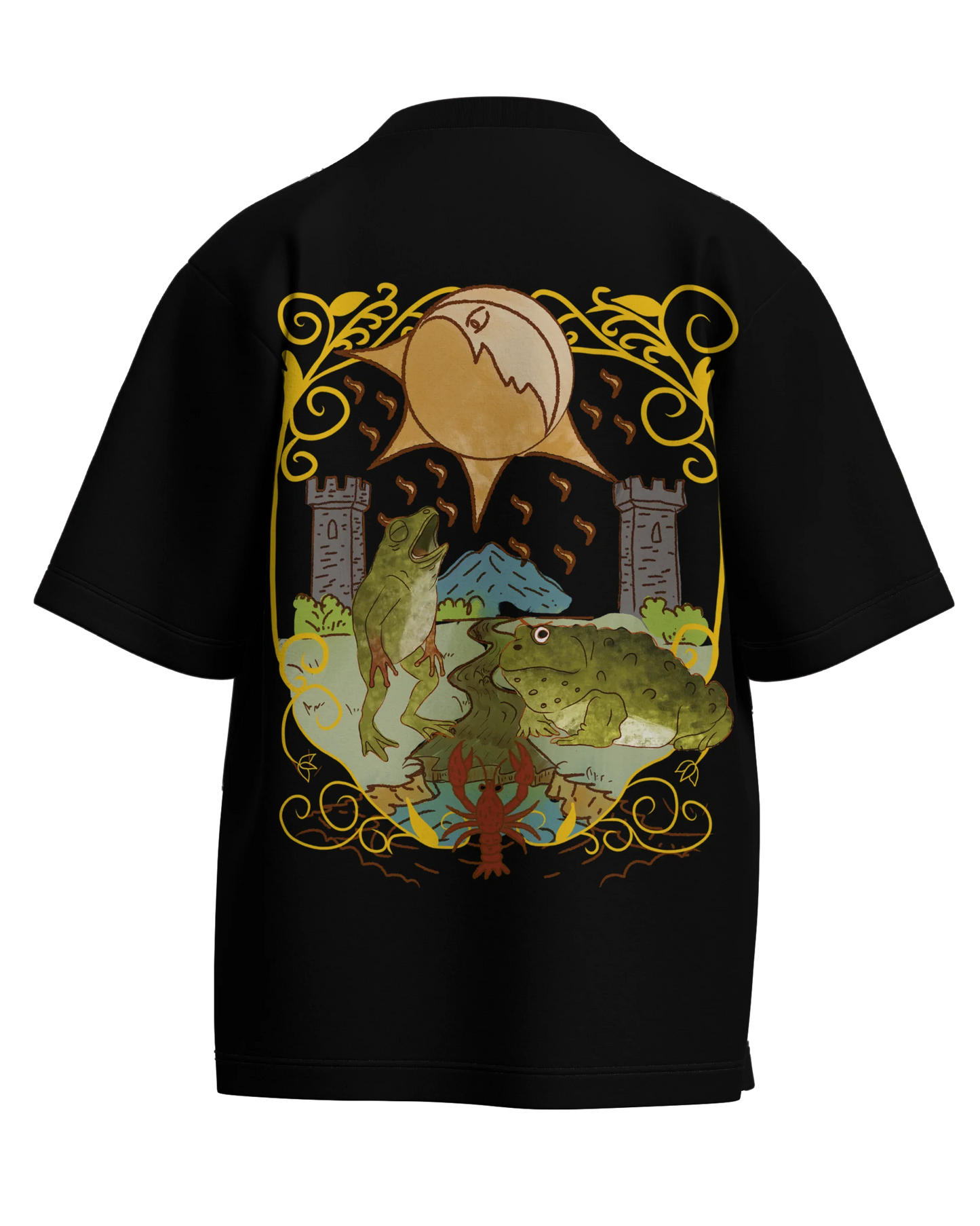 The Moon of Frogs Black Oversized French Terry Cotton Premium Streetwear T-shirt Loom of Thirds India's No. 1 Art-led streetwear brand based in Kolkata by Sidhartha Mohanta & Chirayata Purna Chakrabarty