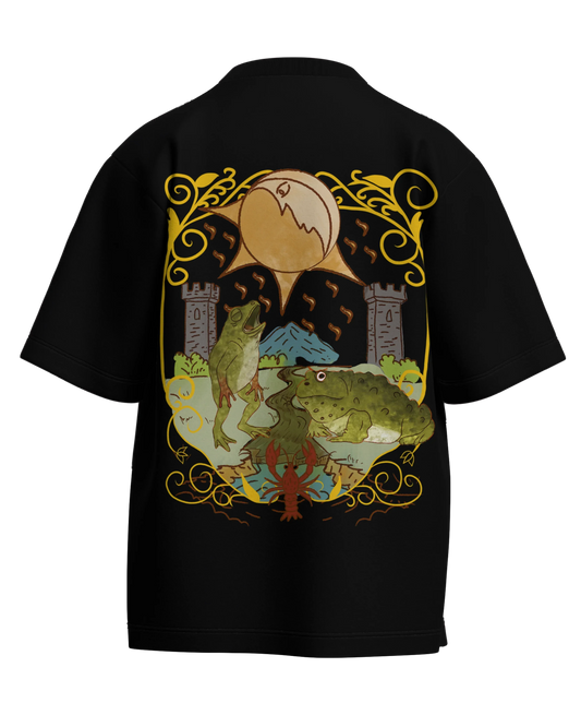 The Moon of Frogs Black Oversized French Terry Cotton Premium Streetwear T-shirt Loom of Thirds India's No. 1 Art-led streetwear brand based in Kolkata by Sidhartha Mohanta & Chirayata Purna Chakrabarty