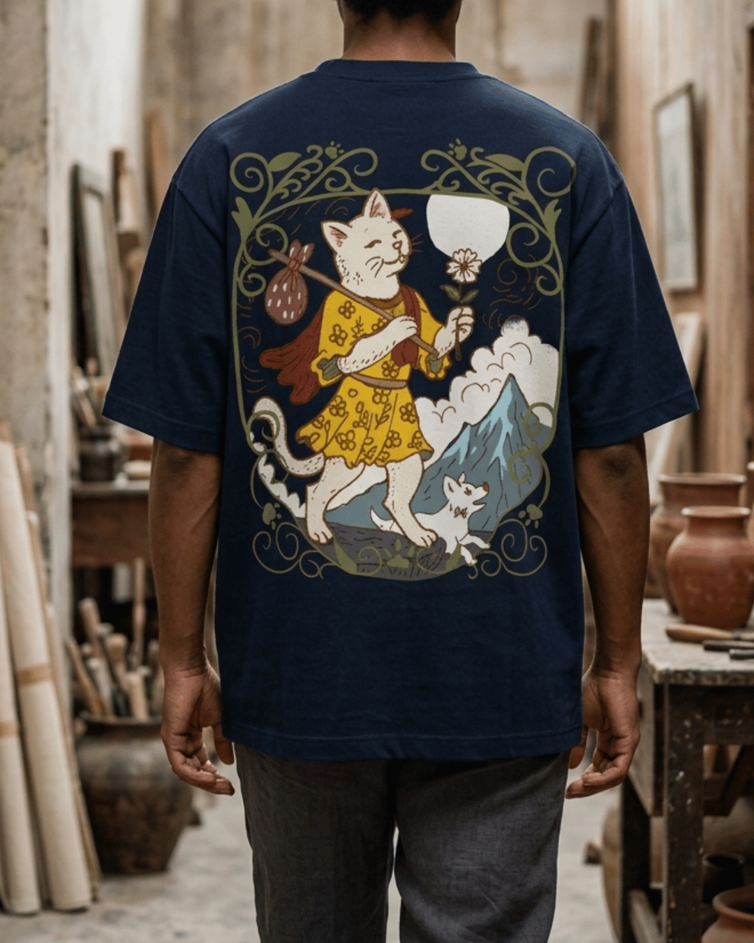 The Fool of Cats – Tarot Oversized T-Shirt Oversized French Terry Cotton Premium Streetwear T-shirt Loom of Thirds India's No. 1 Art-led, graphic streetwear brand based in Kolkata by Sidhartha Mohanta & Chirayata Purna Chakrabarty