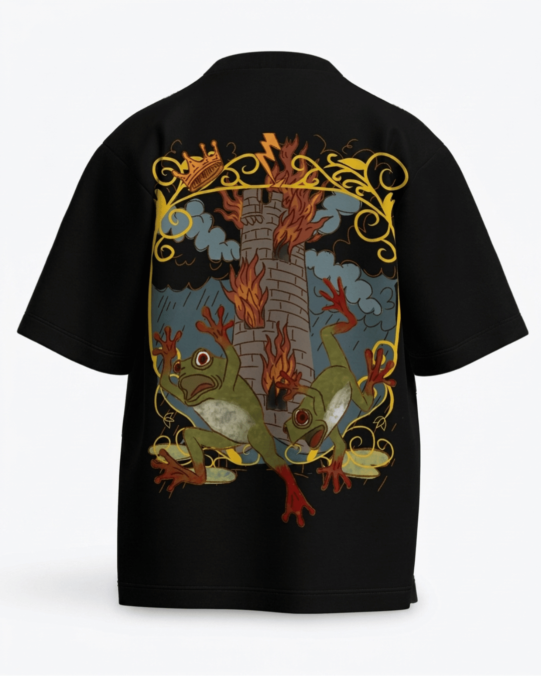 The Tower of Frogs – Tarot Oversized T-Shirt Black Oversized French Terry Cotton Premium Streetwear T-shirt Loom of Thirds India's No. 1 Art-led, graphic streetwear brand based in Kolkata by Sidhartha Mohanta & Chirayata Purna Chakrabarty