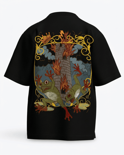 The Tower of Frogs – Tarot Oversized T-Shirt Black Oversized French Terry Cotton Premium Streetwear T-shirt Loom of Thirds India's No. 1 Art-led, graphic streetwear brand based in Kolkata by Sidhartha Mohanta & Chirayata Purna Chakrabarty