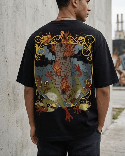 The Tower of Frogs – Tarot Oversized T-Shirt Oversized French Terry Cotton Premium Streetwear T-shirt Loom of Thirds India's No. 1 Art-led, graphic streetwear brand based in Kolkata by Sidhartha Mohanta & Chirayata Purna Chakrabarty