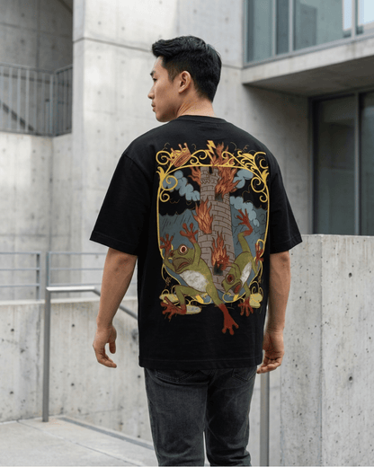 The Tower of Frogs – Tarot Oversized T-Shirt Oversized French Terry Cotton Premium Streetwear T-shirt Loom of Thirds India's No. 1 Art-led, graphic streetwear brand based in Kolkata by Sidhartha Mohanta & Chirayata Purna Chakrabarty