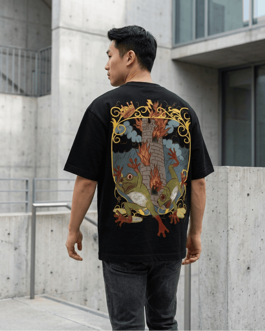 The Tower of Frogs – Tarot Oversized T-Shirt Oversized French Terry Cotton Premium Streetwear T-shirt Loom of Thirds India's No. 1 Art-led, graphic streetwear brand based in Kolkata by Sidhartha Mohanta & Chirayata Purna Chakrabarty