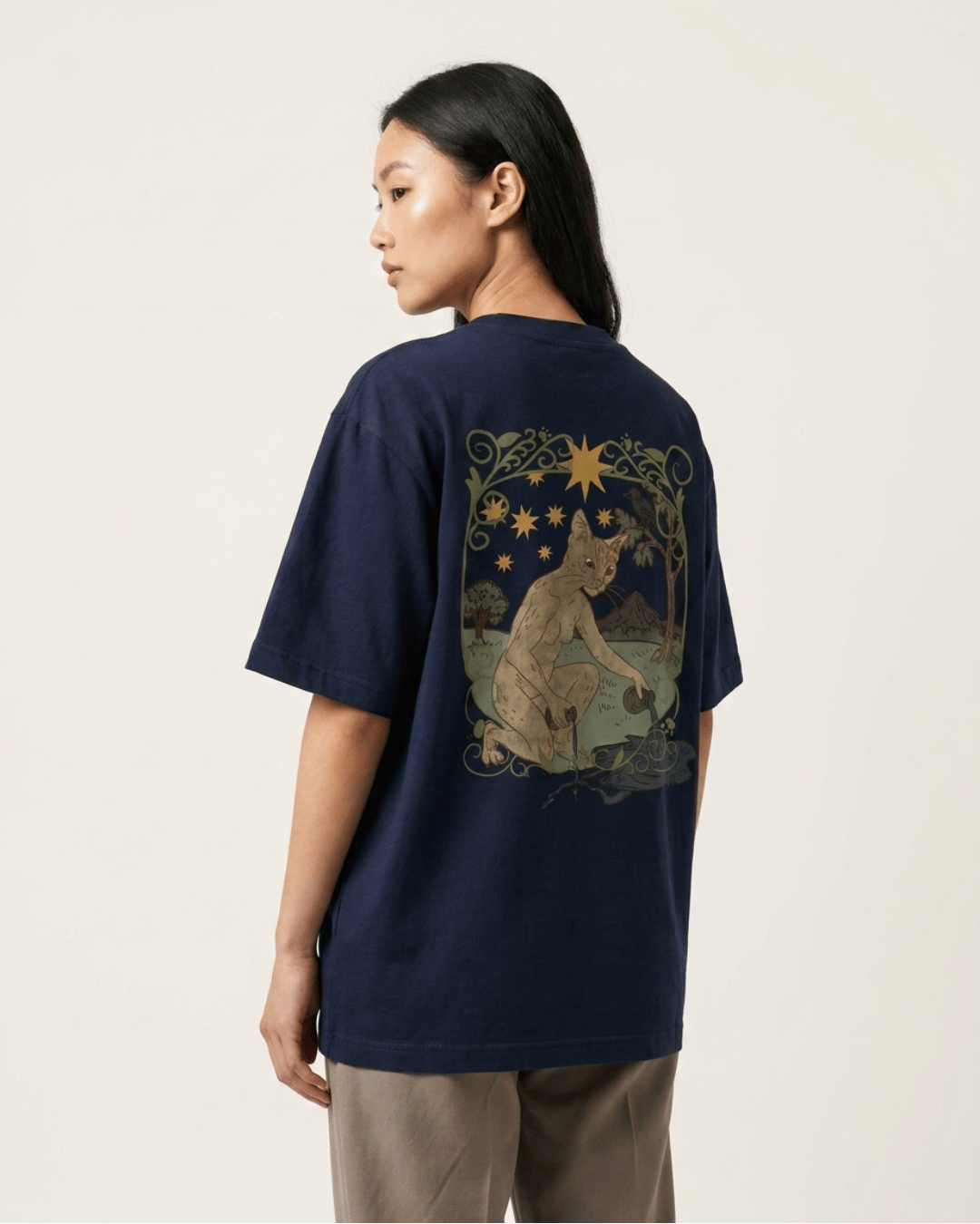 The Star of Cats – Tarot Oversized T-Shirt Oversized French Terry Cotton Premium Streetwear T-shirt Loom of Thirds India's No. 1 Art-led, graphic streetwear brand based in Kolkata by Sidhartha Mohanta & Chirayata Purna Chakrabarty