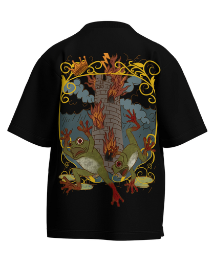 The Tower of Frogs Black Oversized French Terry Cotton Premium Streetwear T-shirt Loom of Thirds India's No. 1 Art-led streetwear brand based in Kolkata by Sidhartha Mohanta & Chirayata Purna Chakrabarty
