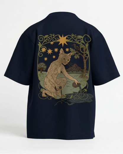 The Star of Cats – Tarot Oversized T-Shirt Navy Blue Oversized French Terry Cotton Premium Streetwear T-shirt Loom of Thirds India's No. 1 Art-led, graphic streetwear brand based in Kolkata by Sidhartha Mohanta & Chirayata Purna Chakrabarty