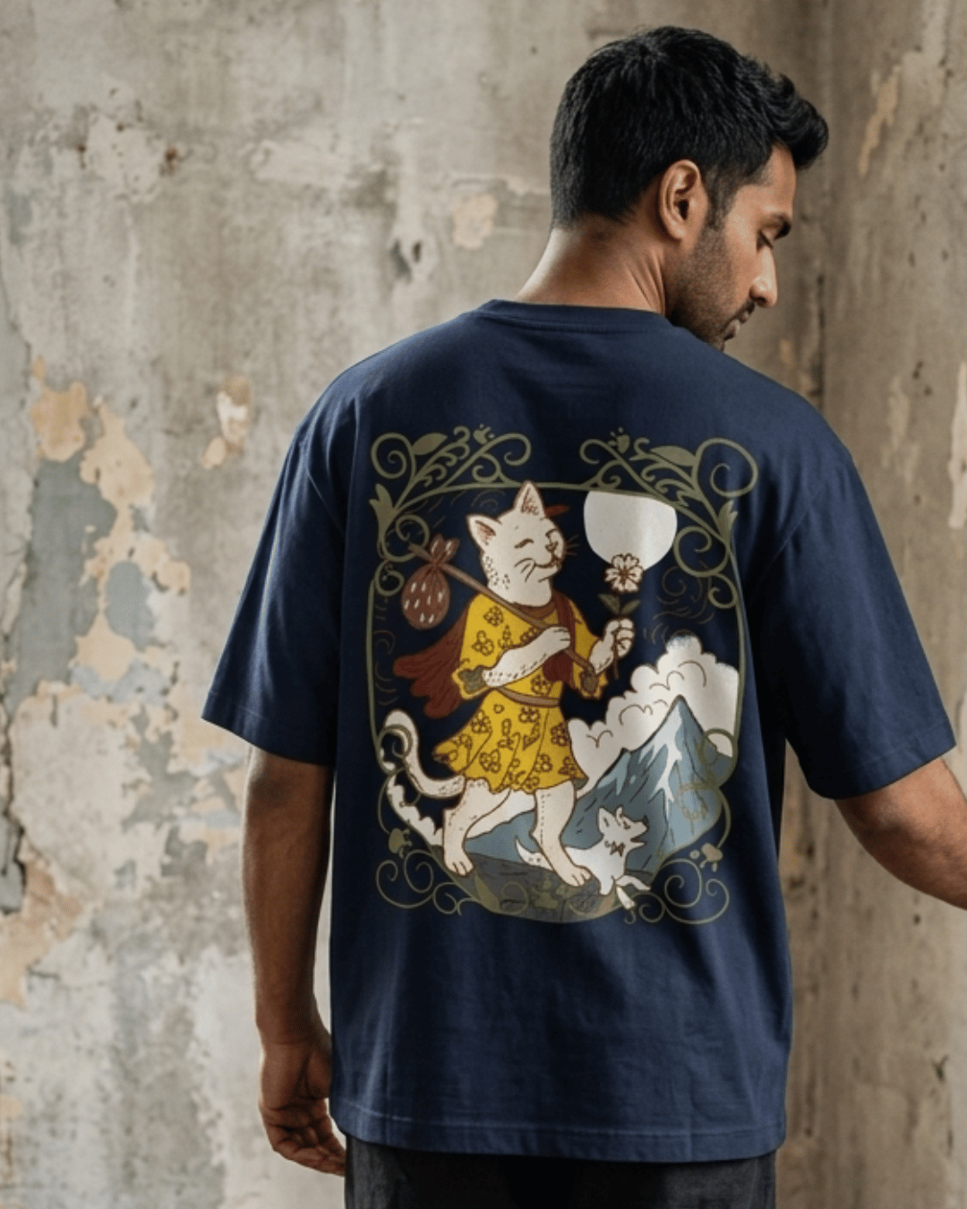 The Fool of Cats – Tarot Oversized T-Shirt Oversized French Terry Cotton Premium Streetwear T-shirt Loom of Thirds India's No. 1 Art-led, graphic streetwear brand based in Kolkata by Sidhartha Mohanta & Chirayata Purna Chakrabarty