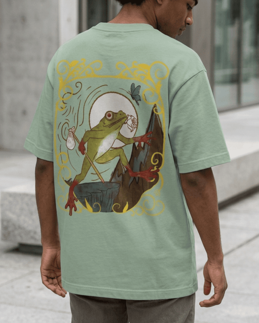 The Fool of Frogs – Tarot Oversized T-Shirt Oversized French Terry Cotton Premium Streetwear T-shirt Loom of Thirds India's No. 1 Art-led, graphic streetwear brand based in Kolkata by Sidhartha Mohanta & Chirayata Purna Chakrabarty