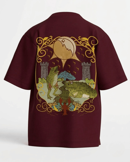 The Moon of Frogs – Tarot Oversized T-Shirt Maroon Oversized French Terry Cotton Premium Streetwear T-shirt Loom of Thirds India's No. 1 Art-led, graphic streetwear brand based in Kolkata by Sidhartha Mohanta & Chirayata Purna Chakrabarty