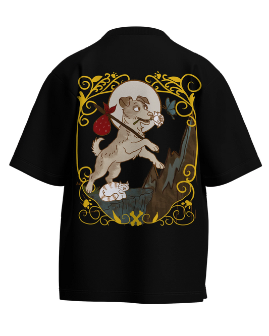The Fool of Dogs Black Oversized French Terry Cotton Premium Streetwear T-shirt Loom of Thirds India's No. 1 Art-led streetwear brand based in Kolkata by Sidhartha Mohanta & Chirayata Purna Chakrabarty