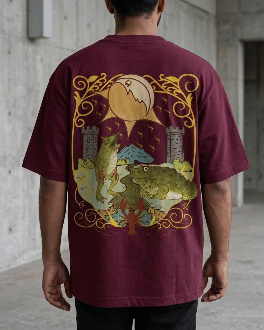 The Moon of Frogs – Tarot Oversized T-Shirt Oversized French Terry Cotton Premium Streetwear T-shirt Loom of Thirds India's No. 1 Art-led, graphic streetwear brand based in Kolkata by Sidhartha Mohanta & Chirayata Purna Chakrabarty
