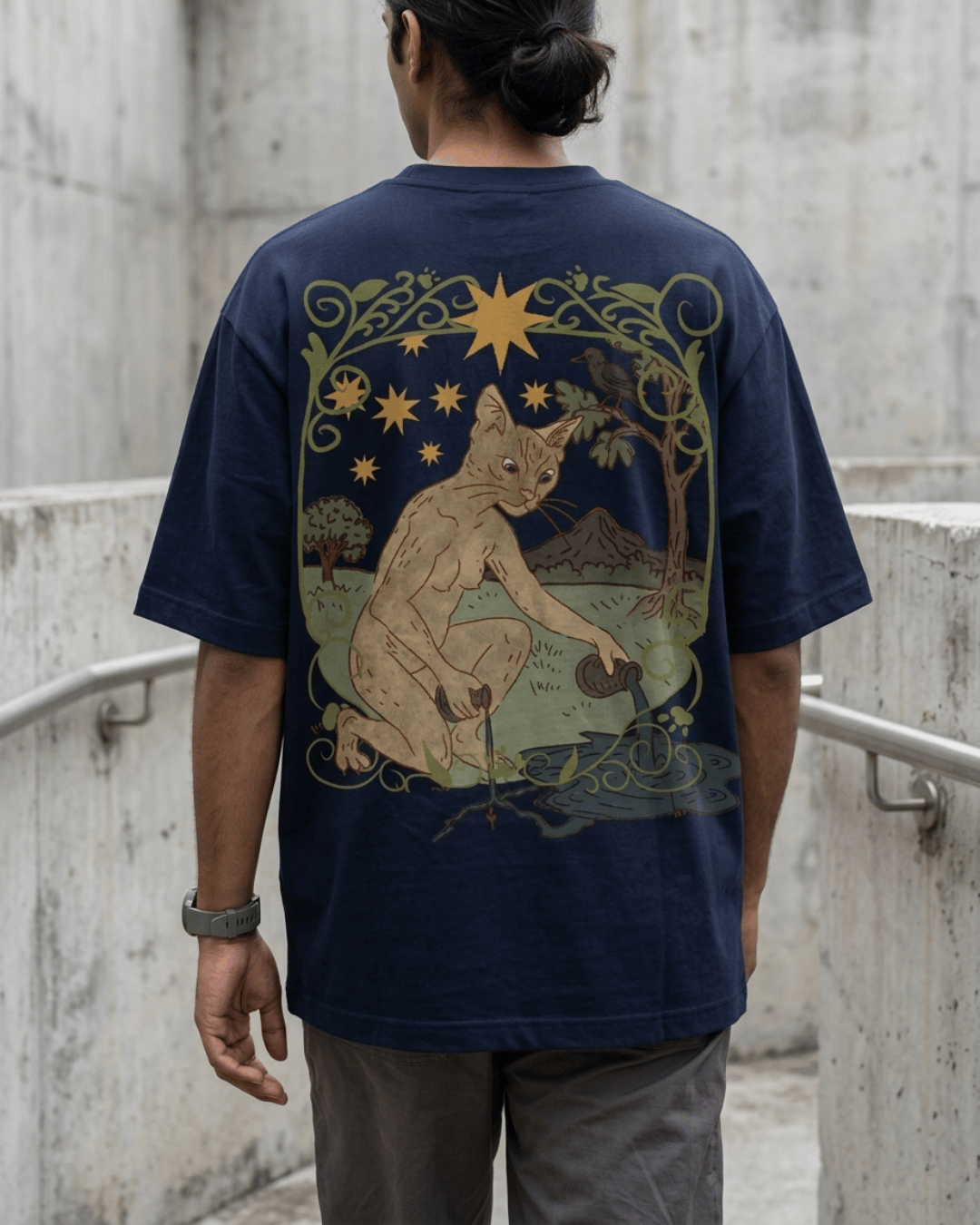 The Star of Cats – Tarot Oversized T-Shirt Oversized French Terry Cotton Premium Streetwear T-shirt Loom of Thirds India's No. 1 Art-led, graphic streetwear brand based in Kolkata by Sidhartha Mohanta & Chirayata Purna Chakrabarty