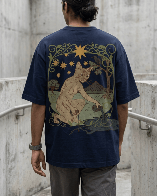 The Star of Cats – Tarot Oversized T-Shirt Oversized French Terry Cotton Premium Streetwear T-shirt Loom of Thirds India's No. 1 Art-led, graphic streetwear brand based in Kolkata by Sidhartha Mohanta & Chirayata Purna Chakrabarty