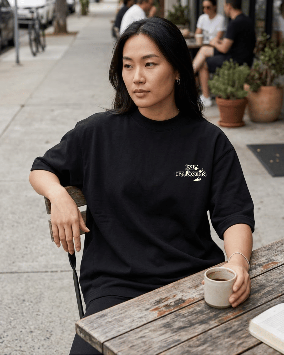 The Tower of Frogs – Tarot Oversized T-Shirt Oversized French Terry Cotton Premium Streetwear T-shirt Loom of Thirds India's No. 1 Art-led, graphic streetwear brand based in Kolkata by Sidhartha Mohanta & Chirayata Purna Chakrabarty