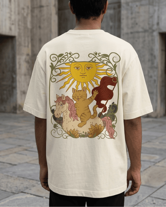 The Sun of Cats – Tarot Oversized T-Shirt Oversized French Terry Cotton Premium Streetwear T-shirt Loom of Thirds India's No. 1 Art-led, graphic streetwear brand based in Kolkata by Sidhartha Mohanta & Chirayata Purna Chakrabarty