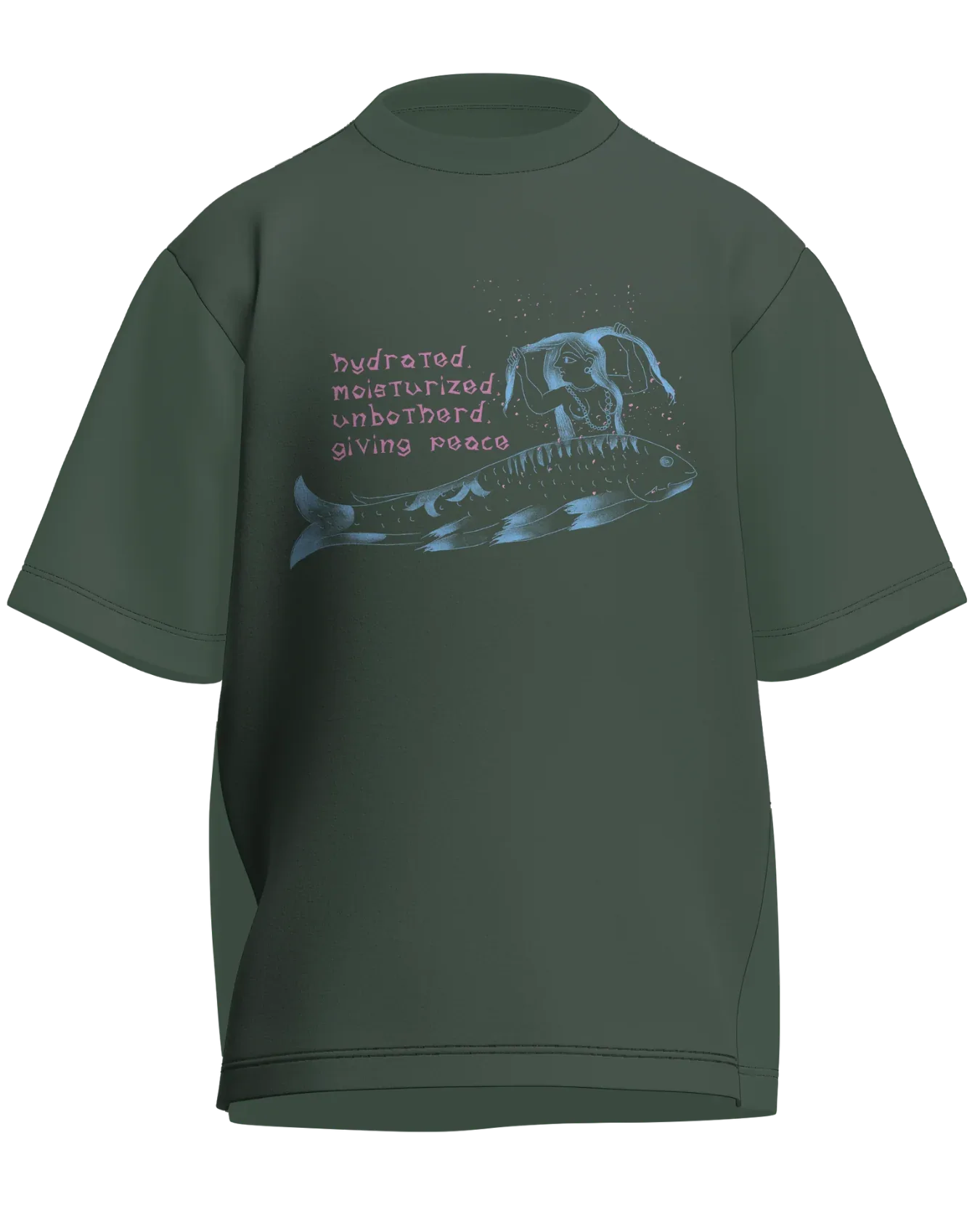 Hydrated, Moisturized & Unbothered - Oversized Fit Olive Green 100% cotton 240GSM standard oversized T-shirt Loom of Thirds India's No. 1 Art-led streetwear brand based in Kolkata by Sidhartha Mohanta & Chirayata Purna Chakrabarty