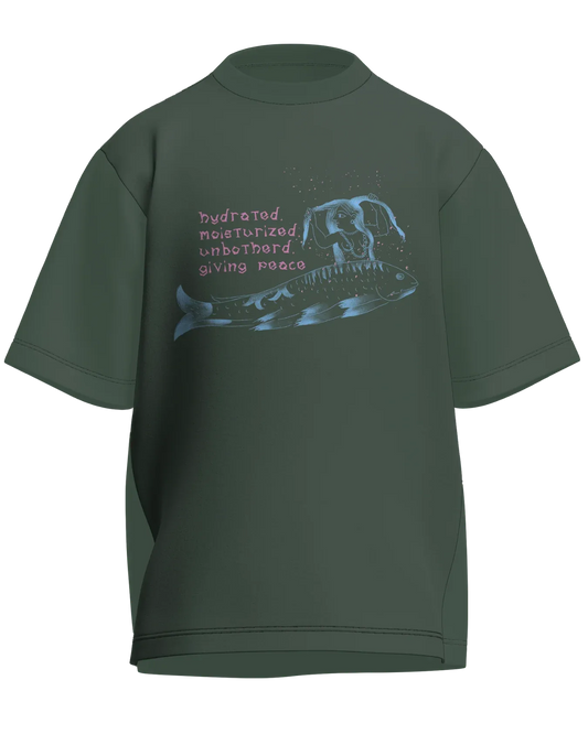 Hydrated, Moisturized & Unbothered - Oversized Fit Olive Green 100% cotton 240GSM standard oversized T-shirt Loom of Thirds India's No. 1 Art-led streetwear brand based in Kolkata by Sidhartha Mohanta & Chirayata Purna Chakrabarty