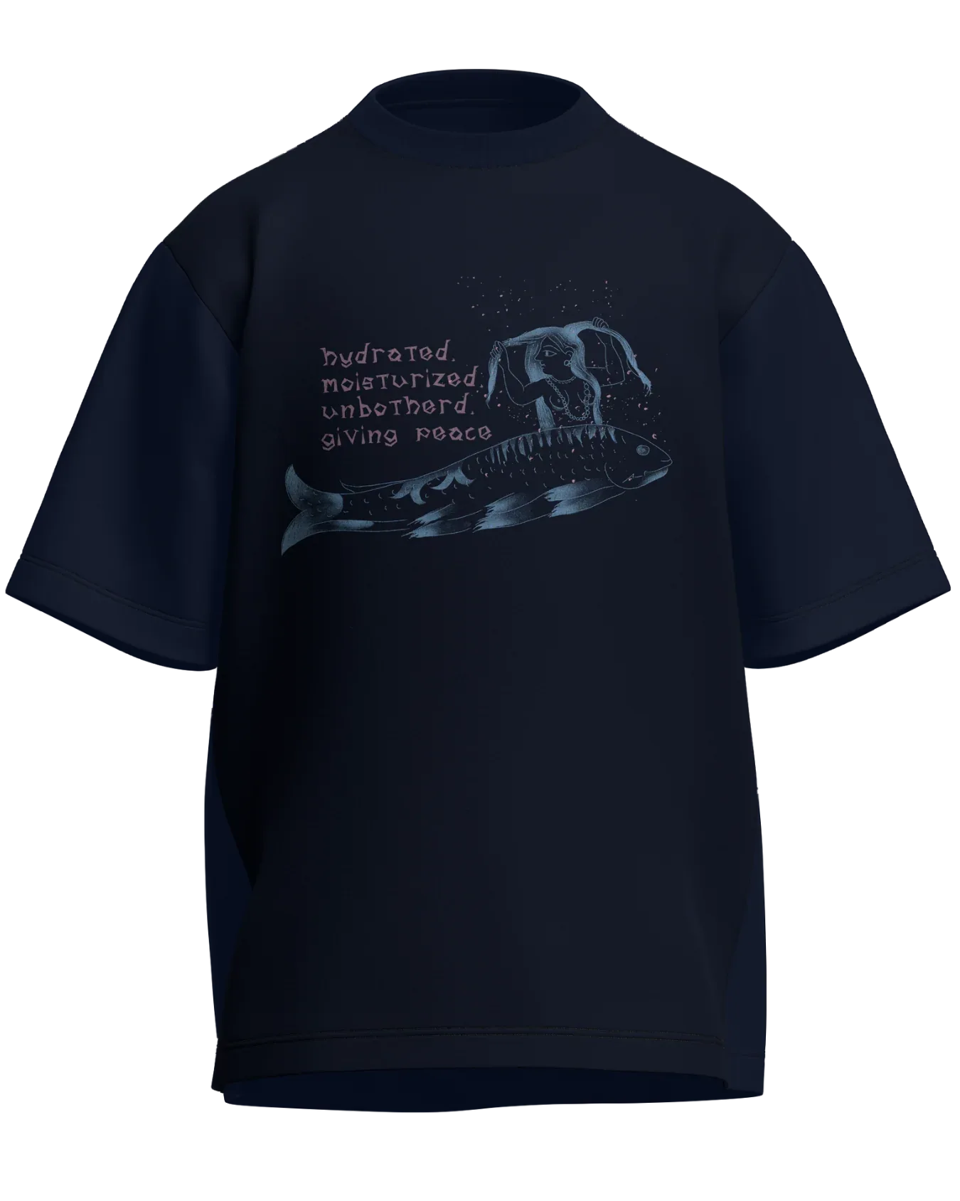 Hydrated, Moisturized & Unbothered - Oversized Fit Navy Blue 100% cotton 240GSM standard oversized T-shirt Loom of Thirds India's No. 1 Art-led streetwear brand based in Kolkata by Sidhartha Mohanta & Chirayata Purna Chakrabarty