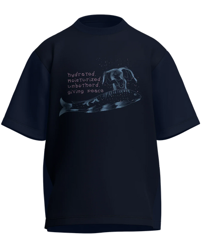 Hydrated, Moisturized & Unbothered - Oversized Fit Navy Blue 100% cotton 240GSM standard oversized T-shirt Loom of Thirds India's No. 1 Art-led streetwear brand based in Kolkata by Sidhartha Mohanta & Chirayata Purna Chakrabarty