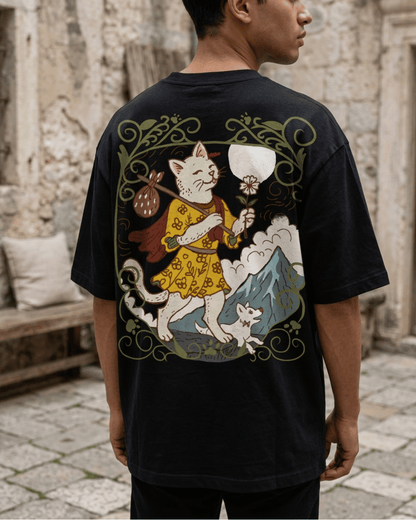 The Fool of Cats – Tarot Oversized T-Shirt Oversized French Terry Cotton Premium Streetwear T-shirt Loom of Thirds India's No. 1 Art-led, graphic streetwear brand based in Kolkata by Sidhartha Mohanta & Chirayata Purna Chakrabarty