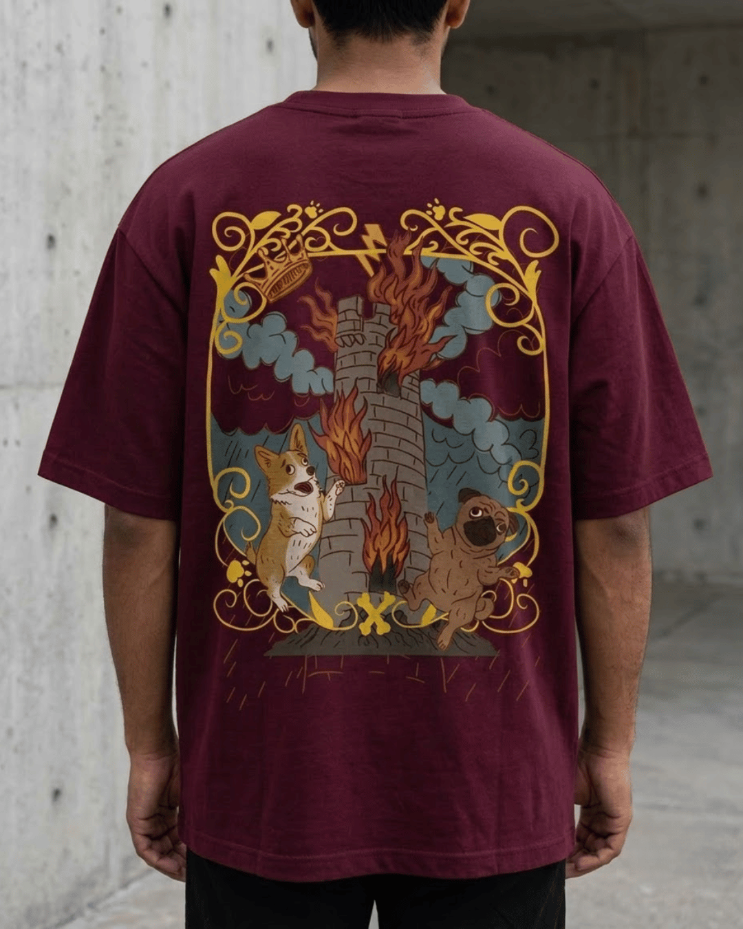 The Tower of Dogs – Tarot Oversized T-Shirt Oversized French Terry Cotton Premium Streetwear T-shirt Loom of Thirds India's No. 1 Art-led, graphic streetwear brand based in Kolkata by Sidhartha Mohanta & Chirayata Purna Chakrabarty