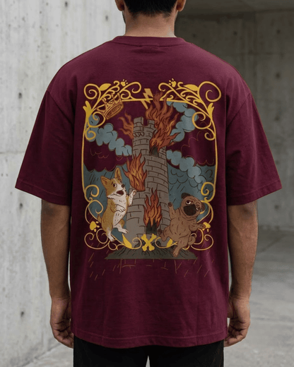 The Tower of Dogs – Tarot Oversized T-Shirt Oversized French Terry Cotton Premium Streetwear T-shirt Loom of Thirds India's No. 1 Art-led, graphic streetwear brand based in Kolkata by Sidhartha Mohanta & Chirayata Purna Chakrabarty