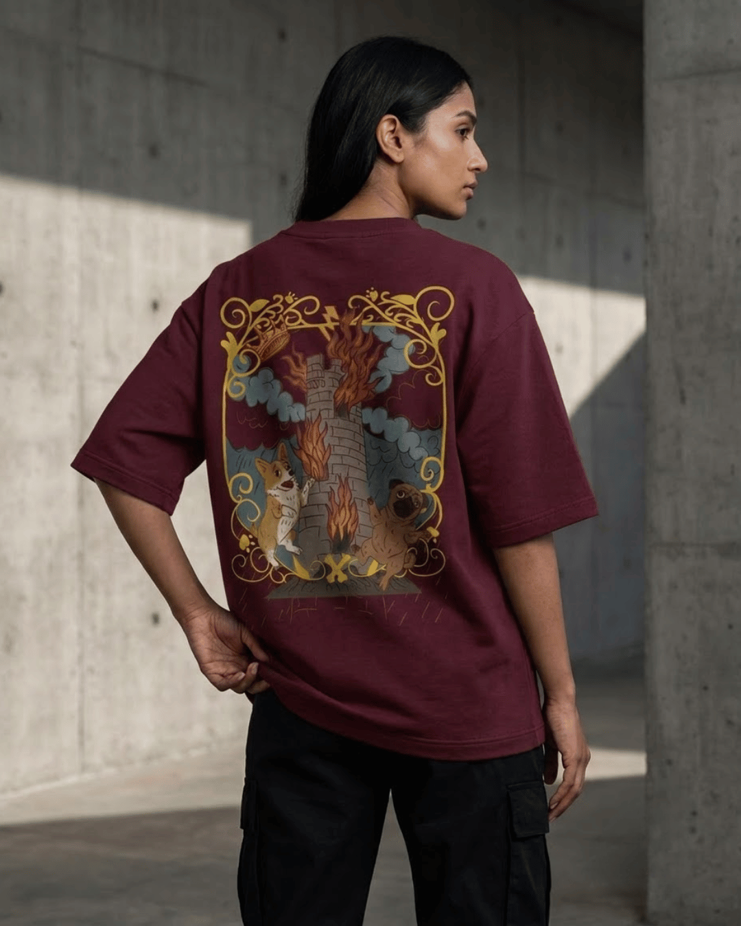 The Tower of Dogs – Tarot Oversized T-Shirt Oversized French Terry Cotton Premium Streetwear T-shirt Loom of Thirds India's No. 1 Art-led, graphic streetwear brand based in Kolkata by Sidhartha Mohanta & Chirayata Purna Chakrabarty