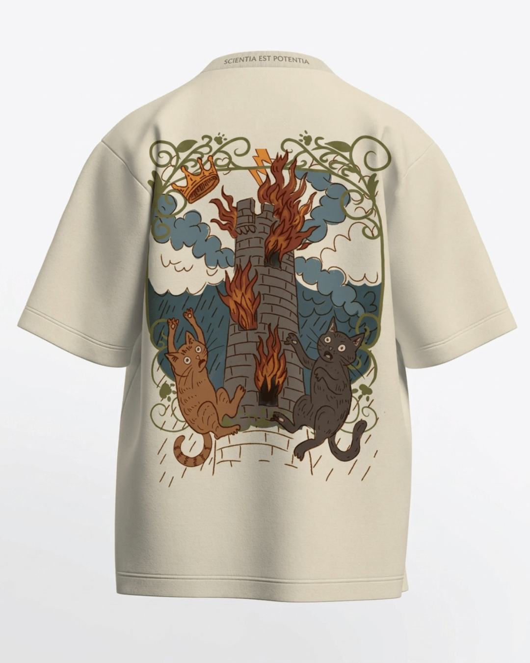 The Tower of Cats – Tarot Oversized T-Shirt Off White Oversized French Terry Cotton Premium Streetwear T-shirt Loom of Thirds India's No. 1 Art-led, graphic streetwear brand based in Kolkata by Sidhartha Mohanta & Chirayata Purna Chakrabarty
