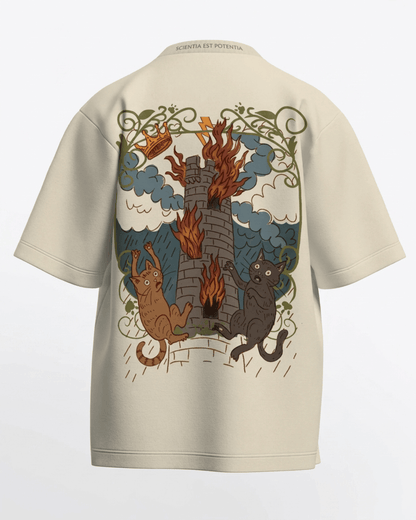 The Tower of Cats – Tarot Oversized T-Shirt Off White Oversized French Terry Cotton Premium Streetwear T-shirt Loom of Thirds India's No. 1 Art-led, graphic streetwear brand based in Kolkata by Sidhartha Mohanta & Chirayata Purna Chakrabarty