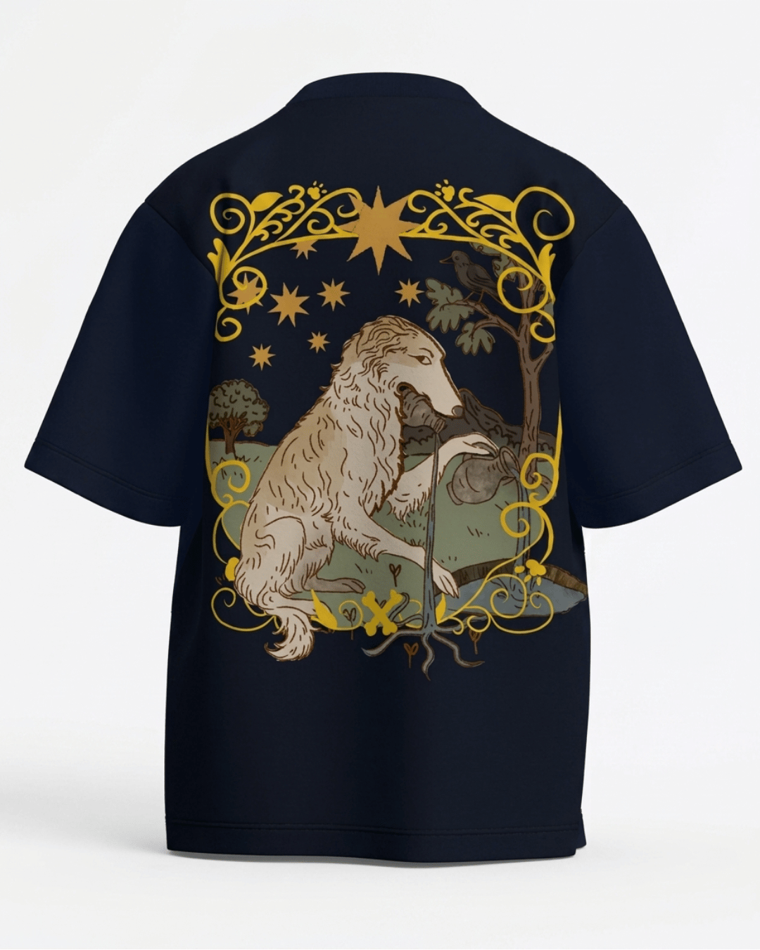 The Star of Dogs – Tarot Oversized T-Shirt Navy Blue Oversized French Terry Cotton Premium Streetwear T-shirt Loom of Thirds India's No. 1 Art-led, graphic streetwear brand based in Kolkata by Sidhartha Mohanta & Chirayata Purna Chakrabarty