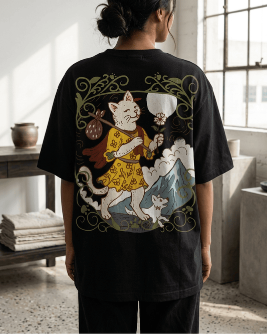 The Fool of Cats – Tarot Oversized T-Shirt Oversized French Terry Cotton Premium Streetwear T-shirt Loom of Thirds India's No. 1 Art-led, graphic streetwear brand based in Kolkata by Sidhartha Mohanta & Chirayata Purna Chakrabarty