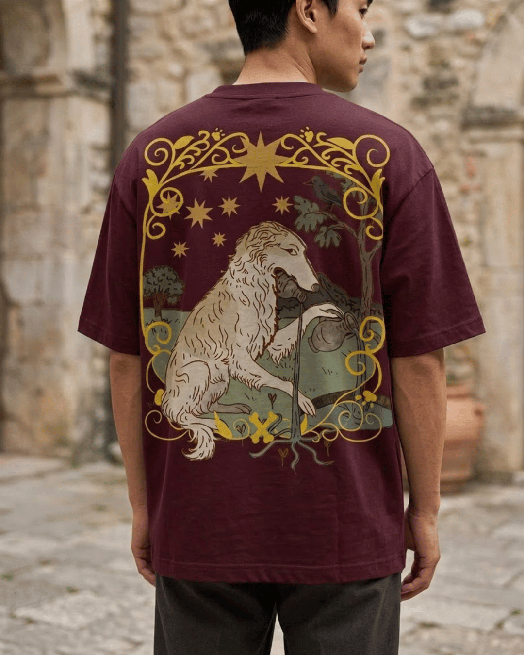 The Star of Dogs – Tarot Oversized T-Shirt Oversized French Terry Cotton Premium Streetwear T-shirt Loom of Thirds India's No. 1 Art-led, graphic streetwear brand based in Kolkata by Sidhartha Mohanta & Chirayata Purna Chakrabarty