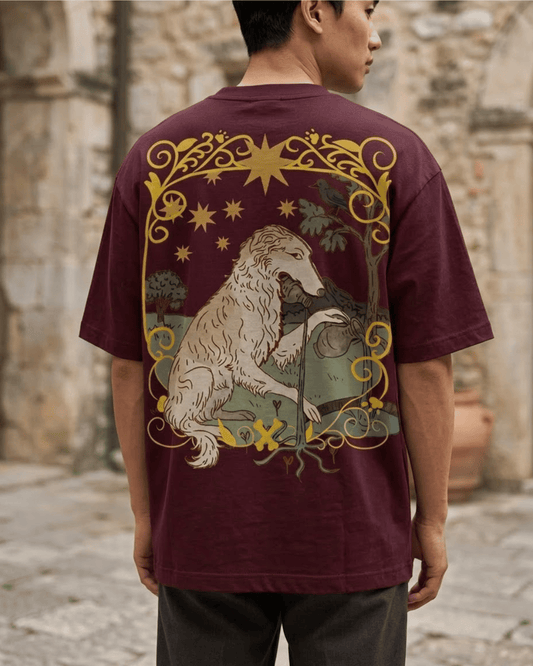 The Star of Dogs – Tarot Oversized T-Shirt Oversized French Terry Cotton Premium Streetwear T-shirt Loom of Thirds India's No. 1 Art-led, graphic streetwear brand based in Kolkata by Sidhartha Mohanta & Chirayata Purna Chakrabarty