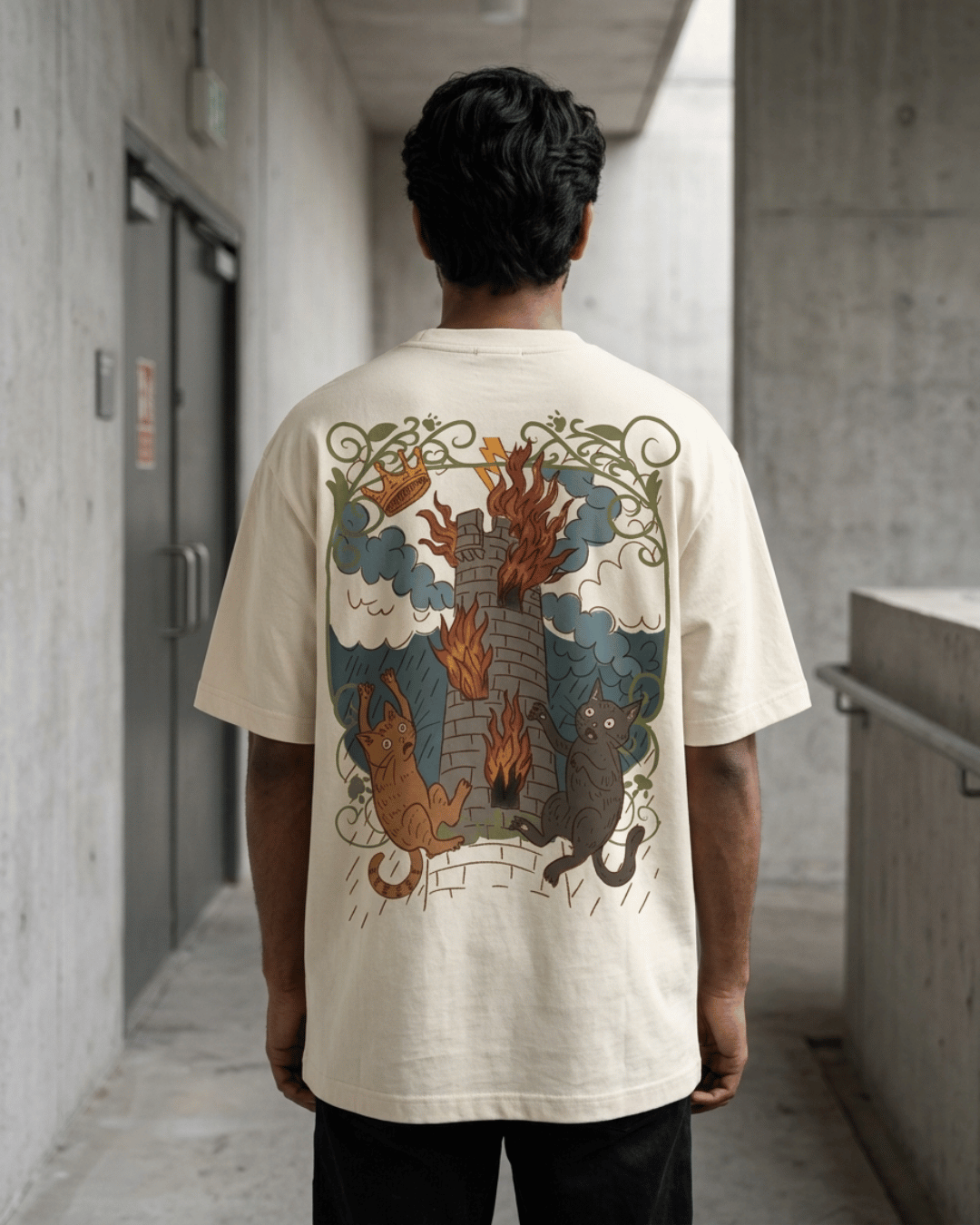 The Tower of Cats – Tarot Oversized T-Shirt Oversized French Terry Cotton Premium Streetwear T-shirt Loom of Thirds India's No. 1 Art-led, graphic streetwear brand based in Kolkata by Sidhartha Mohanta & Chirayata Purna Chakrabarty