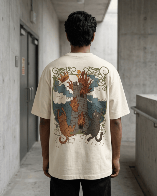 The Tower of Cats – Tarot Oversized T-Shirt Oversized French Terry Cotton Premium Streetwear T-shirt Loom of Thirds India's No. 1 Art-led, graphic streetwear brand based in Kolkata by Sidhartha Mohanta & Chirayata Purna Chakrabarty