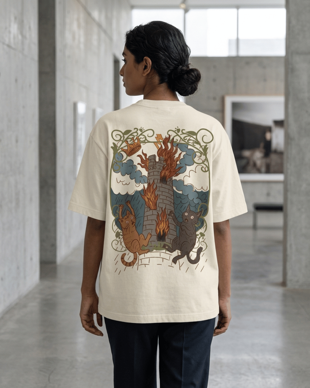 The Tower of Cats – Tarot Oversized T-Shirt Oversized French Terry Cotton Premium Streetwear T-shirt Loom of Thirds India's No. 1 Art-led, graphic streetwear brand based in Kolkata by Sidhartha Mohanta & Chirayata Purna Chakrabarty