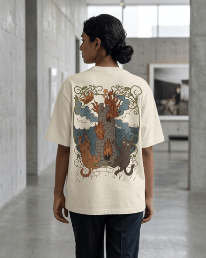 The Tower of Cats – Tarot Oversized T-Shirt Oversized French Terry Cotton Premium Streetwear T-shirt Loom of Thirds India's No. 1 Art-led, graphic streetwear brand based in Kolkata by Sidhartha Mohanta & Chirayata Purna Chakrabarty