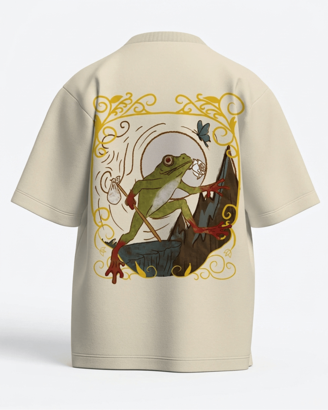 The Fool of Frogs – Tarot Oversized T-Shirt Off White Oversized French Terry Cotton Premium Streetwear T-shirt Loom of Thirds India's No. 1 Art-led, graphic streetwear brand based in Kolkata by Sidhartha Mohanta & Chirayata Purna Chakrabarty