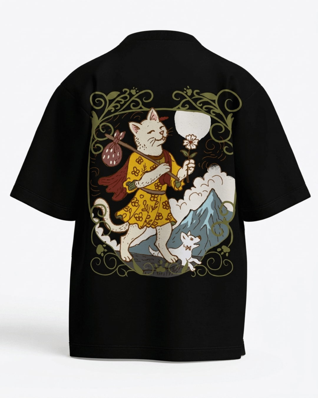 The Fool of Cats – Tarot Oversized T-Shirt Black Oversized French Terry Cotton Premium Streetwear T-shirt Loom of Thirds India's No. 1 Art-led, graphic streetwear brand based in Kolkata by Sidhartha Mohanta & Chirayata Purna Chakrabarty