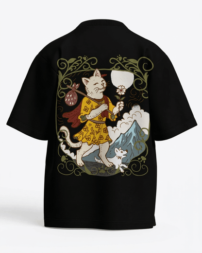The Fool of Cats – Tarot Oversized T-Shirt Black Oversized French Terry Cotton Premium Streetwear T-shirt Loom of Thirds India's No. 1 Art-led, graphic streetwear brand based in Kolkata by Sidhartha Mohanta & Chirayata Purna Chakrabarty