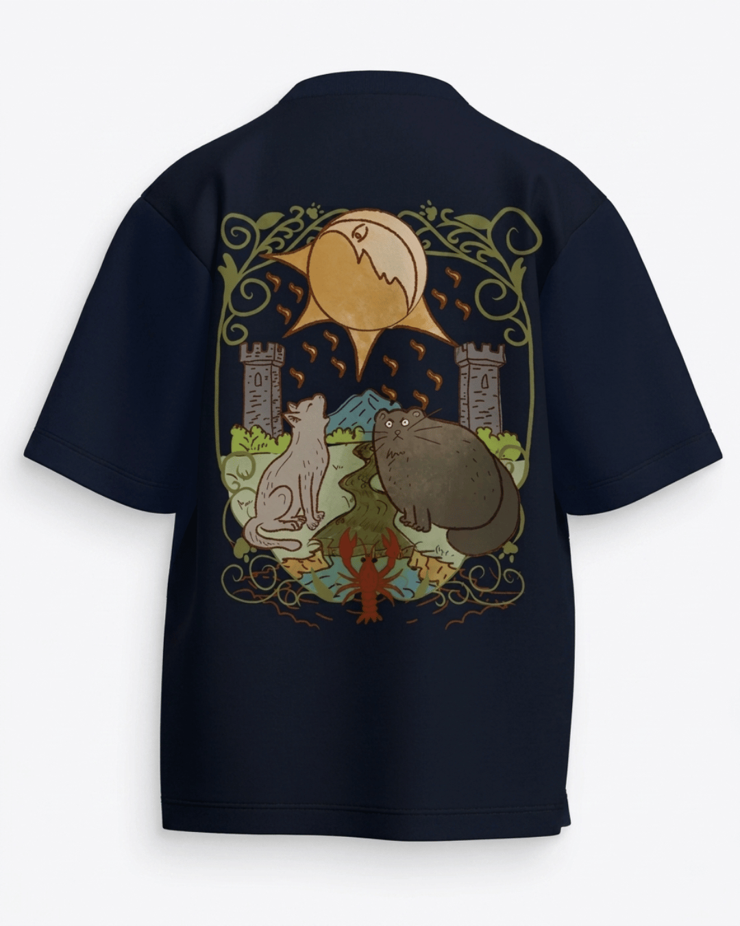 The Moon of Cats – Tarot Oversized T-Shirt Navy Blue Oversized French Terry Cotton Premium Streetwear T-shirt Loom of Thirds India's No. 1 Art-led, graphic streetwear brand based in Kolkata by Sidhartha Mohanta & Chirayata Purna Chakrabarty