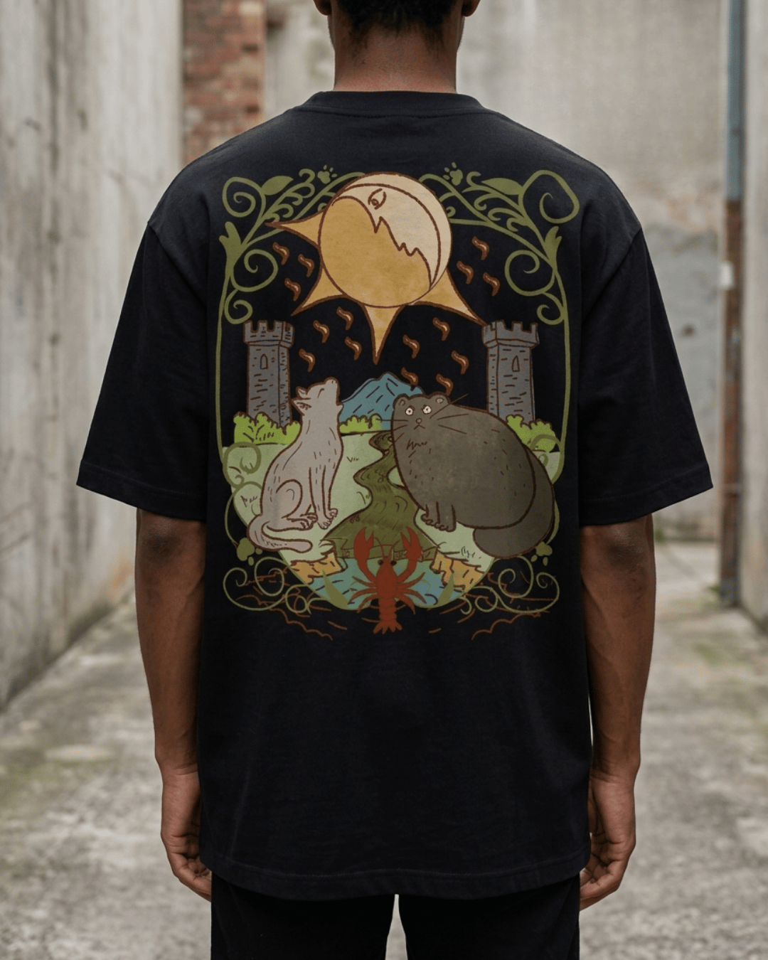 The Moon of Cats – Tarot Oversized T-Shirt Oversized French Terry Cotton Premium Streetwear T-shirt Loom of Thirds India's No. 1 Art-led, graphic streetwear brand based in Kolkata by Sidhartha Mohanta & Chirayata Purna Chakrabarty