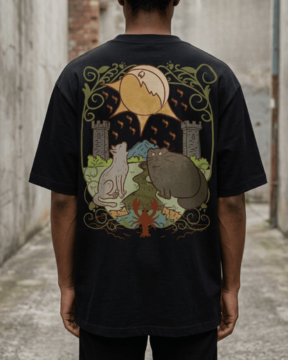 The Moon of Cats – Tarot Oversized T-Shirt Oversized French Terry Cotton Premium Streetwear T-shirt Loom of Thirds India's No. 1 Art-led, graphic streetwear brand based in Kolkata by Sidhartha Mohanta & Chirayata Purna Chakrabarty