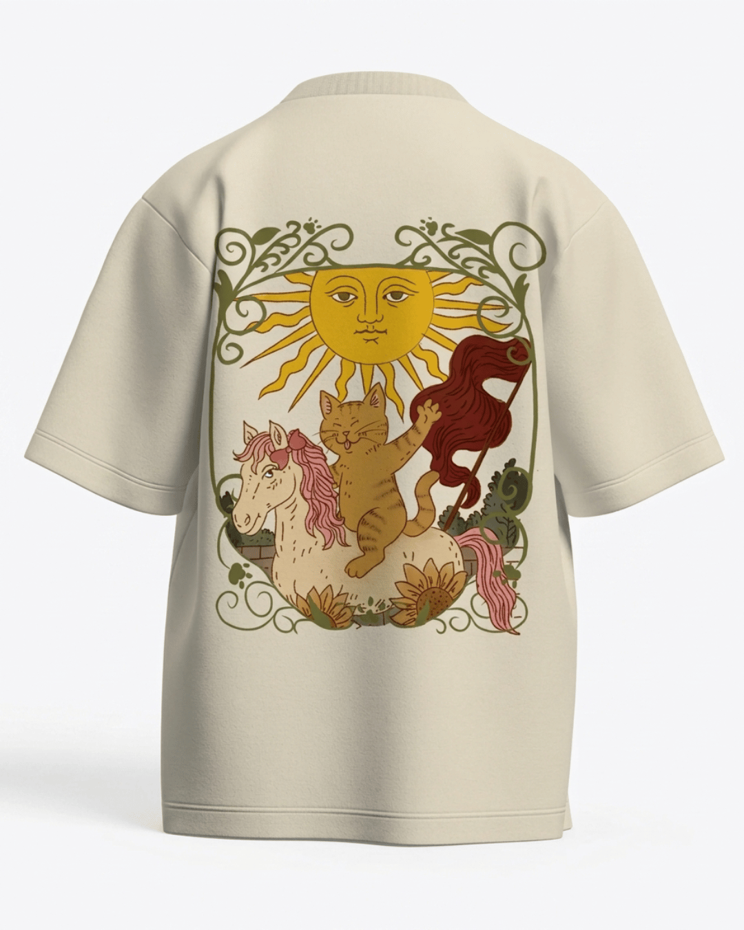 The Sun of Cats – Tarot Oversized T-Shirt Off White Oversized French Terry Cotton Premium Streetwear T-shirt Loom of Thirds India's No. 1 Art-led, graphic streetwear brand based in Kolkata by Sidhartha Mohanta & Chirayata Purna Chakrabarty