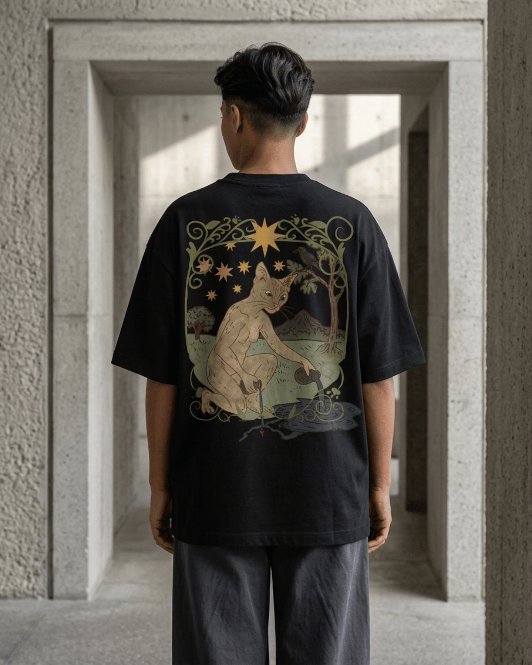 The Star of Cats – Tarot Oversized T-Shirt Oversized French Terry Cotton Premium Streetwear T-shirt Loom of Thirds India's No. 1 Art-led, graphic streetwear brand based in Kolkata by Sidhartha Mohanta & Chirayata Purna Chakrabarty