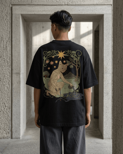 The Star of Cats – Tarot Oversized T-Shirt Oversized French Terry Cotton Premium Streetwear T-shirt Loom of Thirds India's No. 1 Art-led, graphic streetwear brand based in Kolkata by Sidhartha Mohanta & Chirayata Purna Chakrabarty