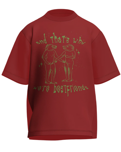 And That’s Why We’re Bestfriends - Oversized Fit Coral 100% cotton 240GSM standard oversized T-shirt Loom of Thirds India's No. 1 Art-led streetwear brand based in Kolkata by Sidhartha Mohanta & Chirayata Purna Chakrabarty